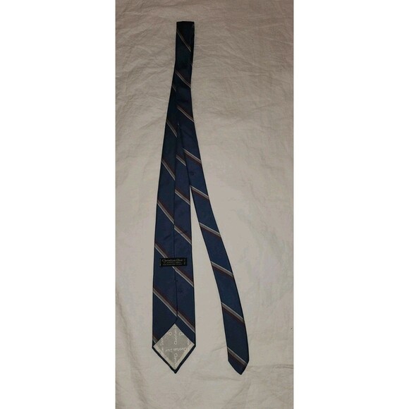Vtg CHRISTIAN DIOR Tie Navy Blue Red Striped Poly Silk Blend Necktie 3"X57" - Picture 3 of 4